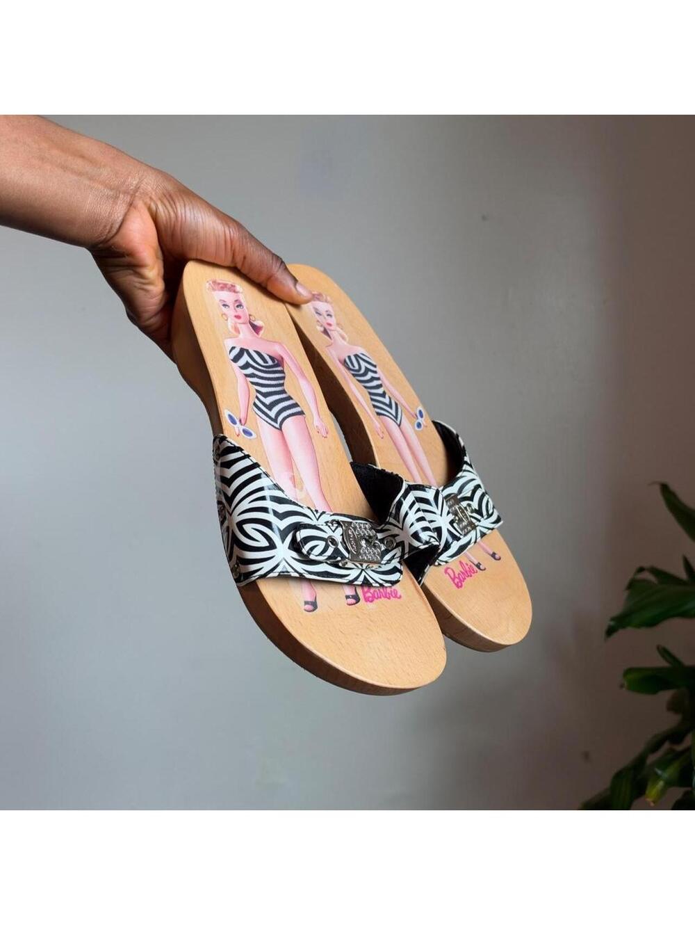 Y2K Barbie x Dr Scholls Original Wooden Slide Sandals Zebra Print US 10